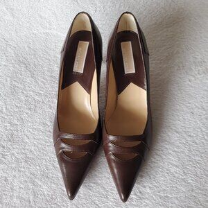 NEW Michael Kors Made in Italy Brown Leather Cut Out Pointed Toe Heels 7.5M